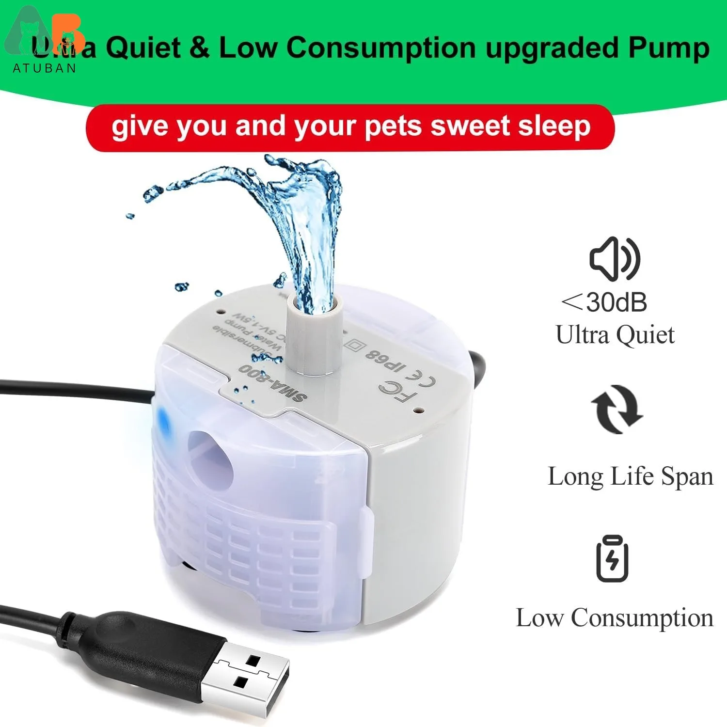 Bomba de fuente de agua para gatos ATUBAN, bombas de fuente de agua para mascotas, Motor sumergible de SMA-800 de repuesto, bomba de fuente para acero inoxidable - imagen 5