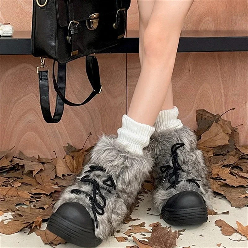 Botas de nieve de felpa con punta redonda para mujer, con cordones, parte inferior gruesa, para mantener el calor en invierno, moda para exteriores, jóvenes - imagen 4