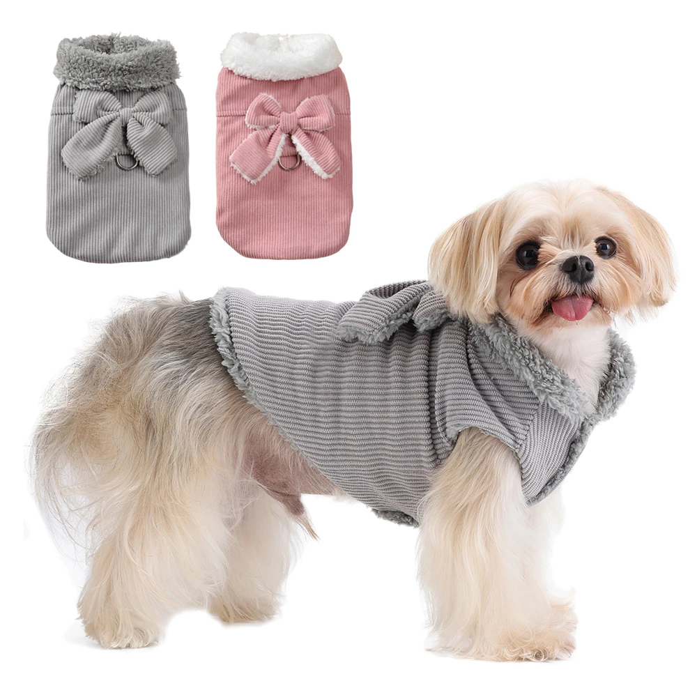 Abrigo de lana para perros, ropa cálida de invierno para mascotas, chaleco para perros pequeños y medianos, chaqueta con lazo, anillo en D, disfraz para cachorros, suéter, ropa Yorkie