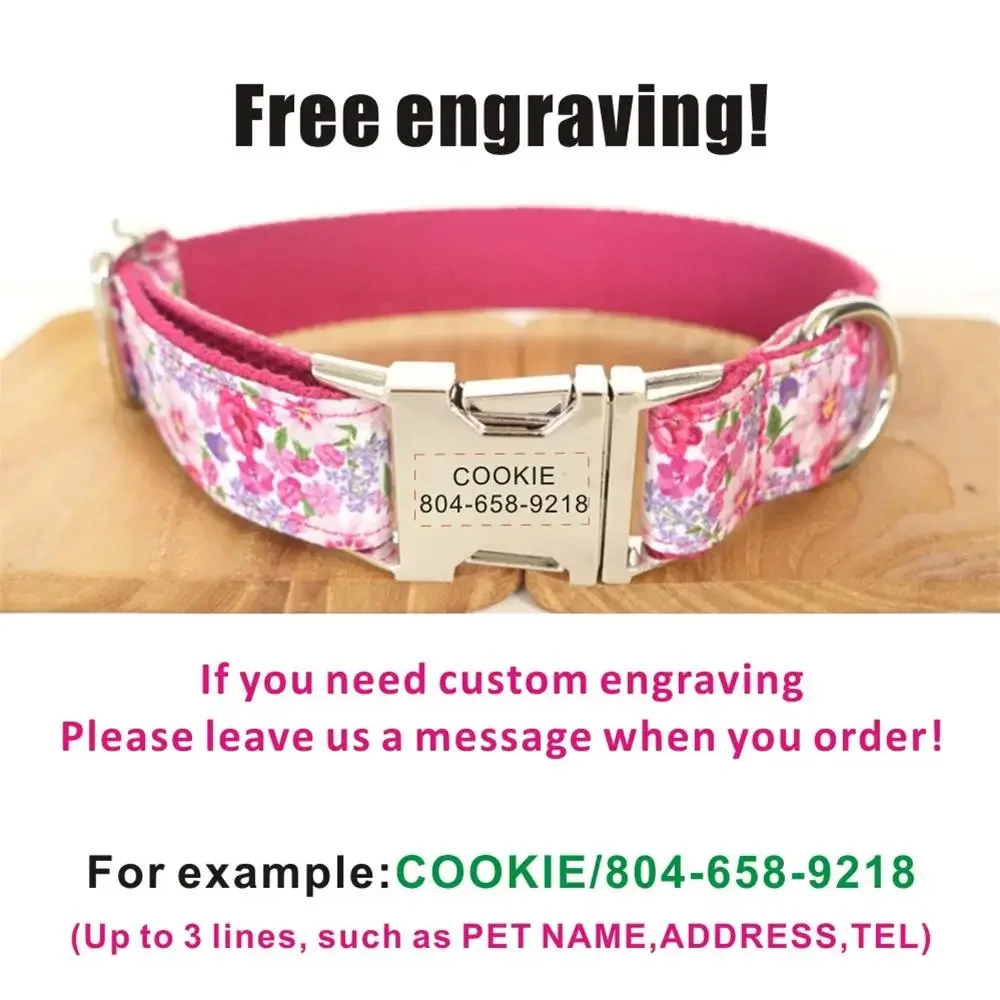Collar personalizado para mascotas, placa con nombre personalizada, etiqueta de identificación, collares ajustables para perros y gatos con flores rosas, correa de plomo