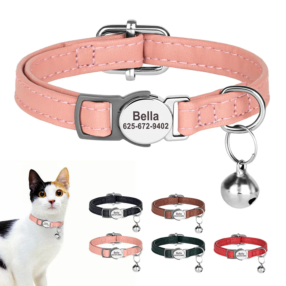 Collar de gato personalizado de cuero PU, collares de liberación rápida para gatos, collares con nombre de identificación de mascota grabados gratis, ajustables para gatos