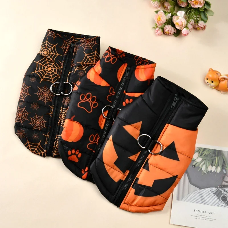Chaquetas de invierno para perro con estampado de calabaza, disfraces de cachorros de Halloween, ropa gruesa y cálida para perros, abrigo impermeable para perro salchicha Chihuahua - imagen 3