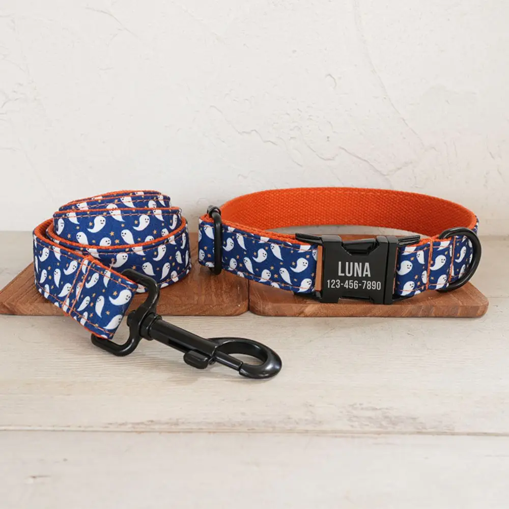 Collar de perro personalizado con grabado gratuito, correa para mascotas a juego, hebilla de Metal de contactos personalizados, Collar de Halloween fantasma blanco