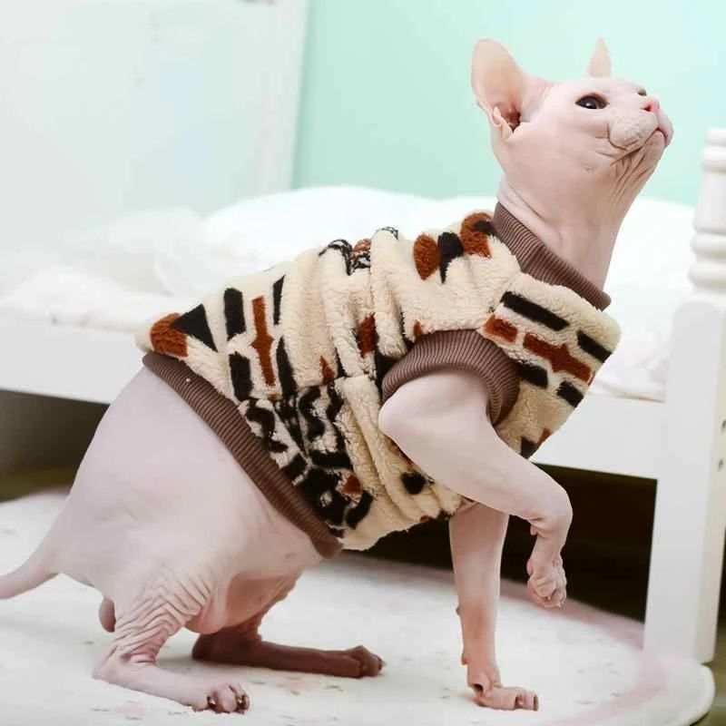 Sphynx-suéter de Navidad y Año Nuevo para gatos, chaleco polar cálido sin pelo para invierno, abrigo grueso rojo y gris para gatitos, suministros para gatos - imagen 3