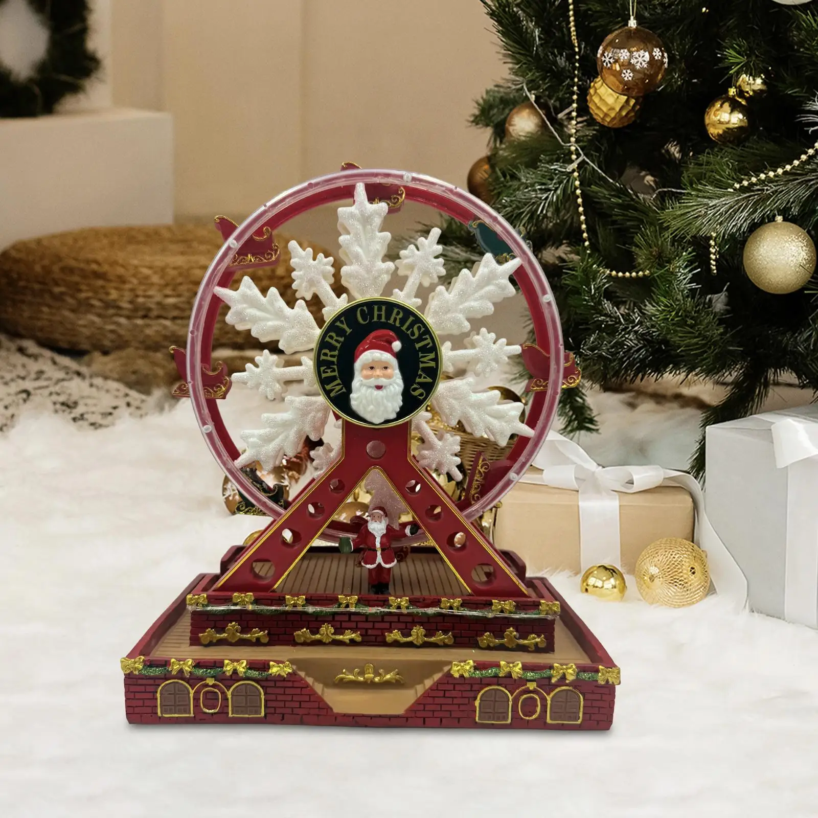 Rotating Ferris Wheel Sculpture Resin Christmas Tabletop Decoration Musical Box Ornament for Living Room Interior