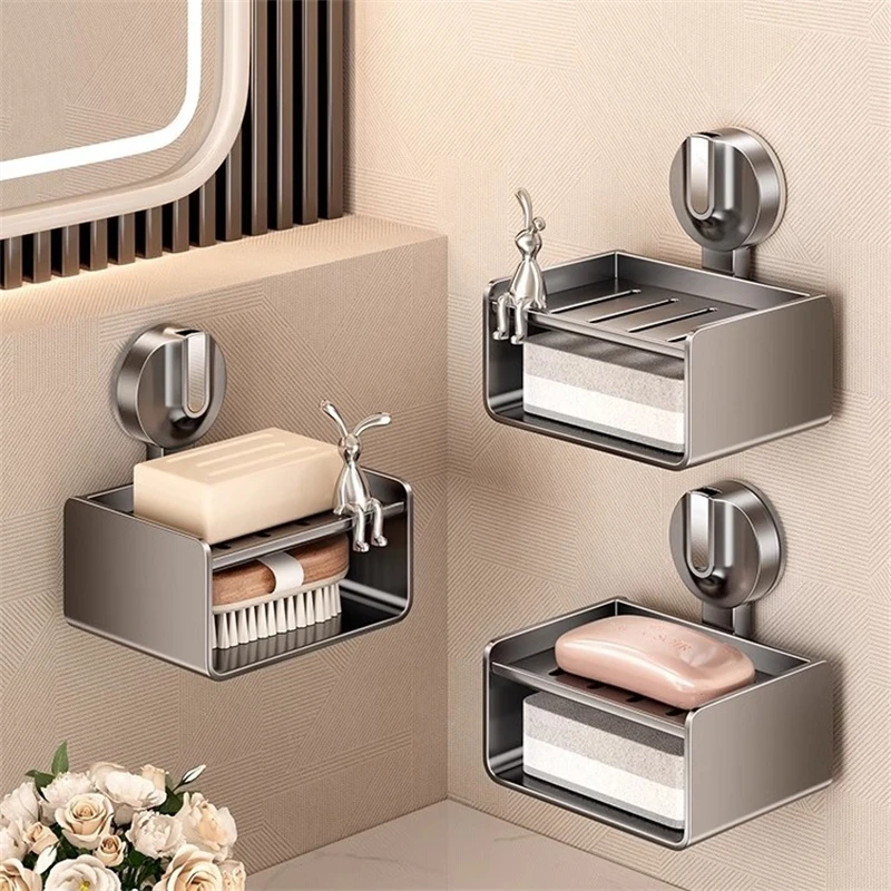 Estante de almacenamiento con ventosa sin taladro, soporte para jabón de baño, soporte para esponja y jabón montado en la pared, organizador, jabonera de doble drenaje - imagen 2