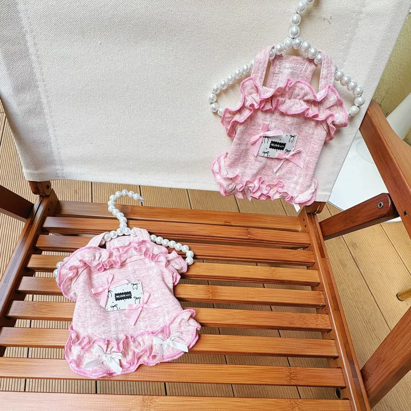 Camisola plisada de primavera para mascotas, ropa de dormir dulce para el hogar, capa Base, camisola de encaje con lazo, vestidos para perros pequeños - imagen 3