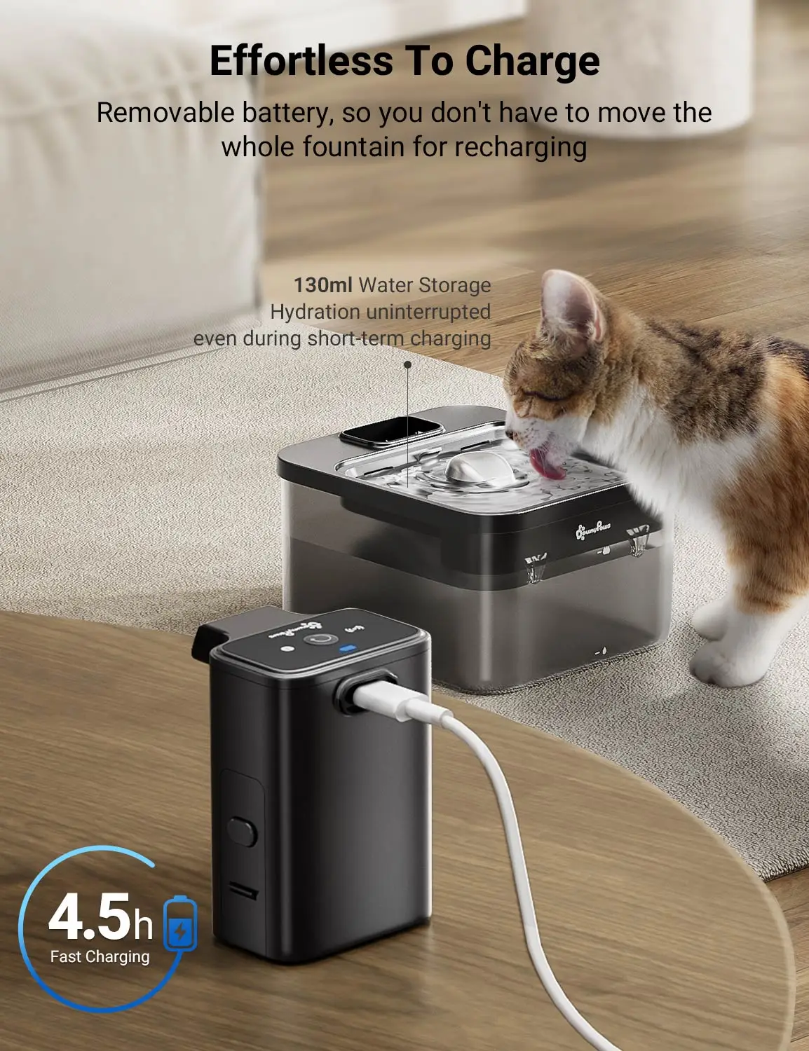 DownyPaws Fuente de agua automática para gatos de acero inoxidable de 2,5 L, bebedero inalámbrico negro de 4000 mAh para mascotas, batería y sensor, dispensador 2 en 1 - imagen 4