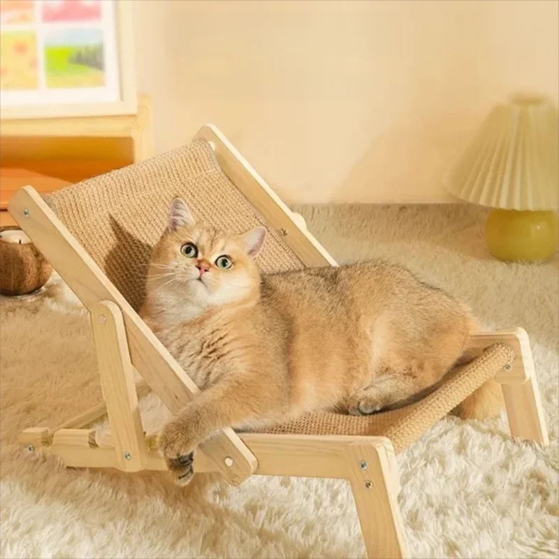 Tumbona para gatos de madera maciza con cuerda de cáñamo que no se desprende, cama integrada para gatos y sofá rascador, juguete para gatos