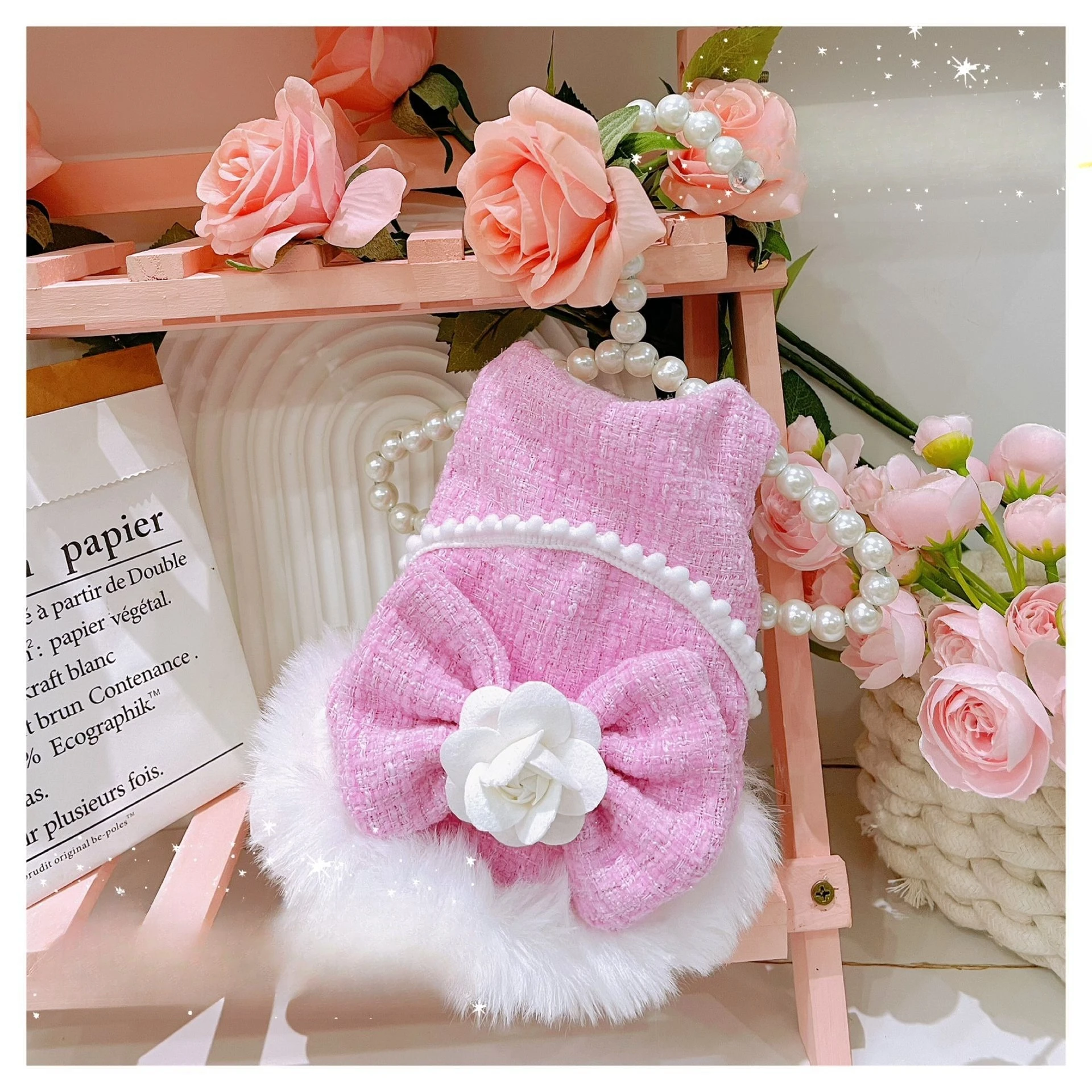 Vestido de otoño/invierno con lazo y flores para mascotas, Teddy Schnauzer, vestido de princesa de terciopelo para perros pequeños y gatos, abrigo, ropa para perros pequeños y cachorros - imagen 4