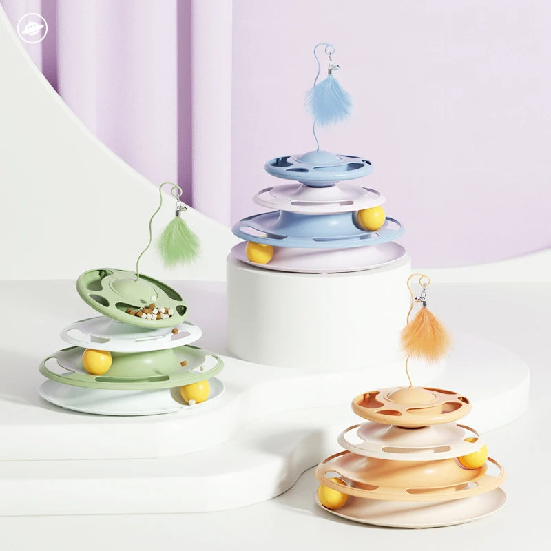 Rompecabezas para gatos, pista de cuatro capas de plástico con plumas, juguete para gatos desmontable, plato giratorio autoalto