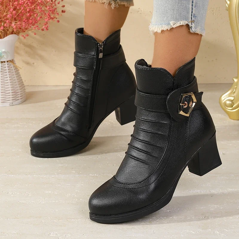 Zapatos para mamá, zapatos individuales, suela suave, tacón medio, estilo primavera y otoño, zapatos negros de tacón grueso para mujer, zapatos antideslizantes de mediana edad - imagen 2