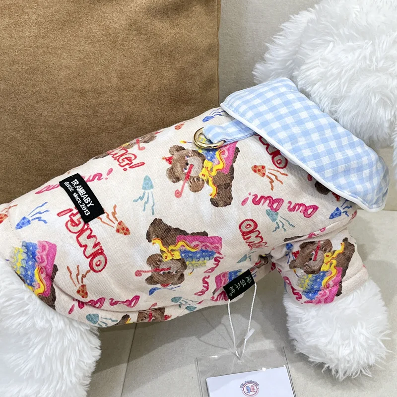 Parkas para perros, chaqueta con cuello a cuadros y cárdigan con estampado de osito de peluche, se puede tirar, ropa para cachorros pequeños y gatos, Otoño e Invierno - imagen 2