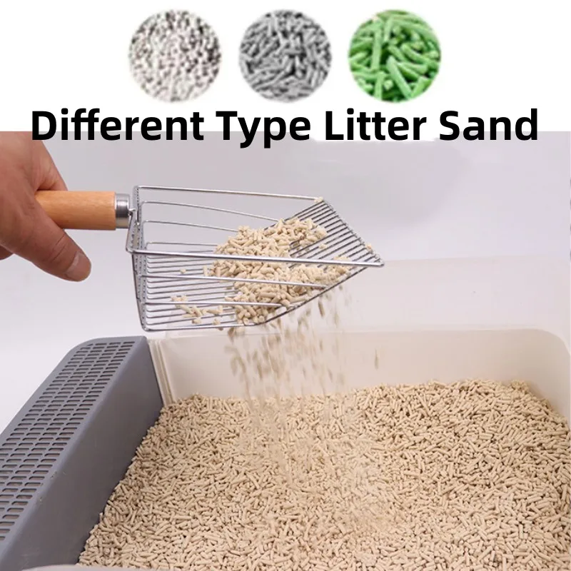 Pala de acero inoxidable para arena de gato, pala con mango de madera para limpieza de inodoro, suministros para mascotas - imagen 2
