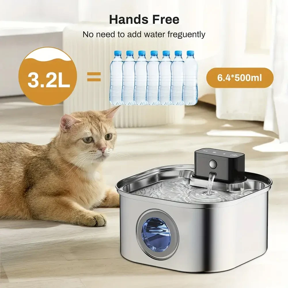 Fuente de agua inalámbrica automática para mascotas de acero inoxidable de 3,2 L, 4000mAH, con Sensor de movimiento, dispensador de agua filtrado silencioso - imagen 2
