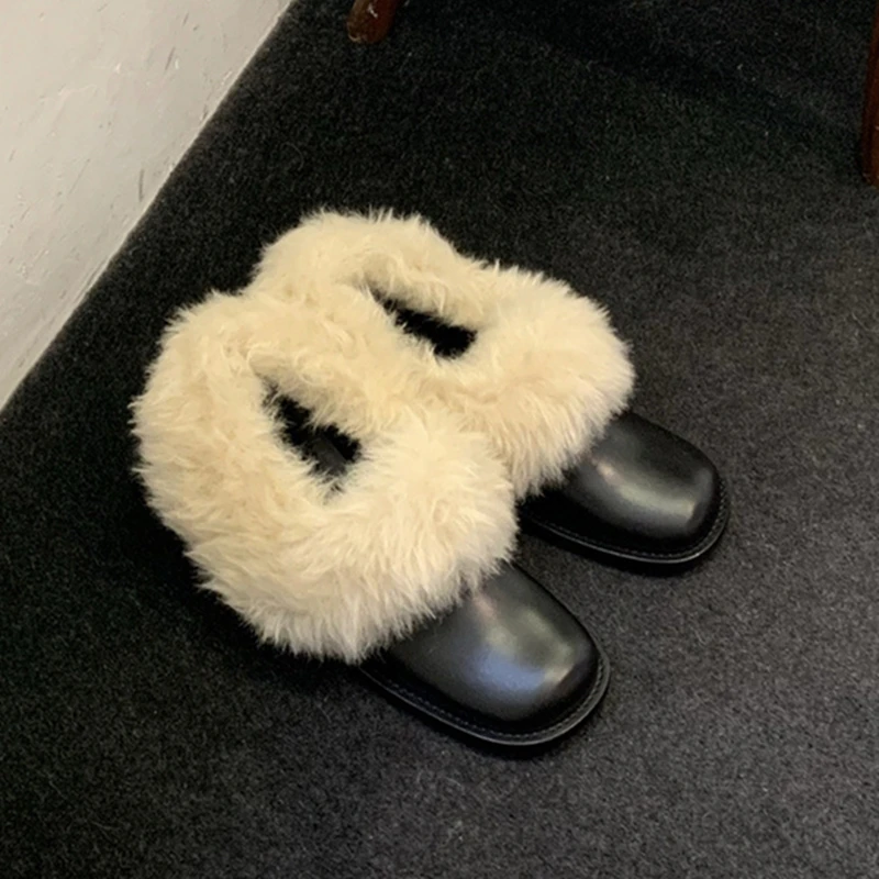 Mocasines de invierno para mujer, zapatos cálidos de invierno con cabeza cuadrada, zapatos informales de cuero de talla grande para mujer 2025 - imagen 3