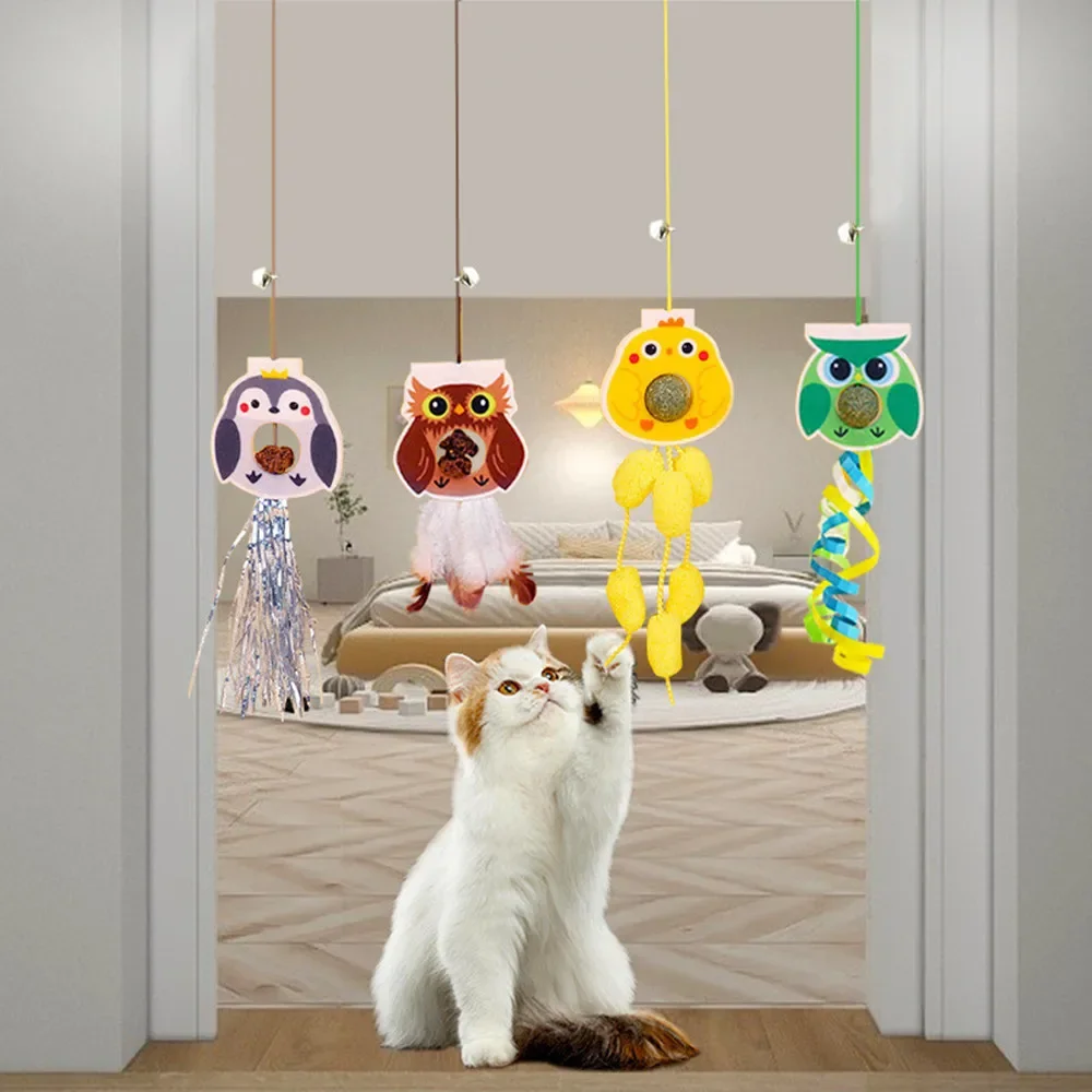 Juguete interactivo para gatos, puerta colgante, cuerda elástica para rascar gatos, palo de Teaser con campana, bola de felpa, hierba gatera, juguete, juguetes de plumas para gatitos