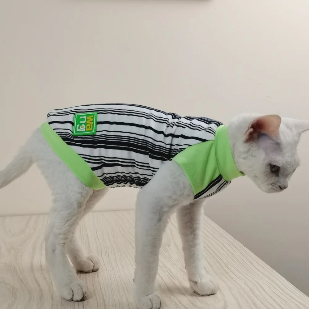 Camiseta deportiva de algodón a rayas para gato Sphynx, abrigo de primavera de manga corta para gatitos, traje para exteriores Devon Rex, moda de verano