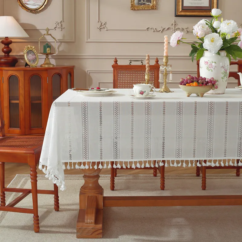 Mantel rectangular encaje blanco con flecos para mesa comedor festivo - imagen 2