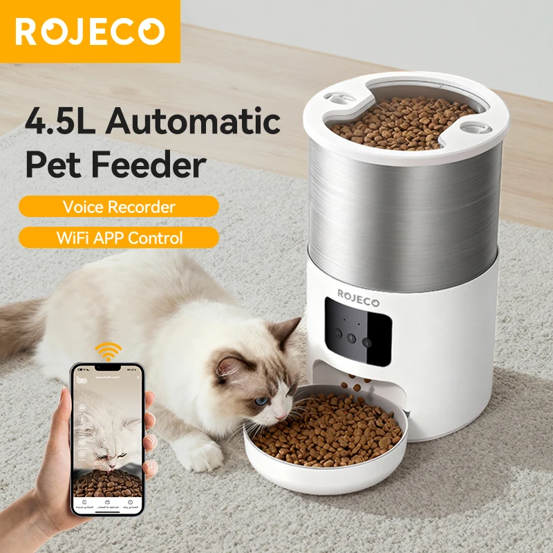 ROJECO-comedero para gatos de acero inoxidable, 4,5l, WiFi, aplicación remota, Control, grabación de voz, dispensador inteligente de paletas para gatos, accesorios para perros y mascotas
