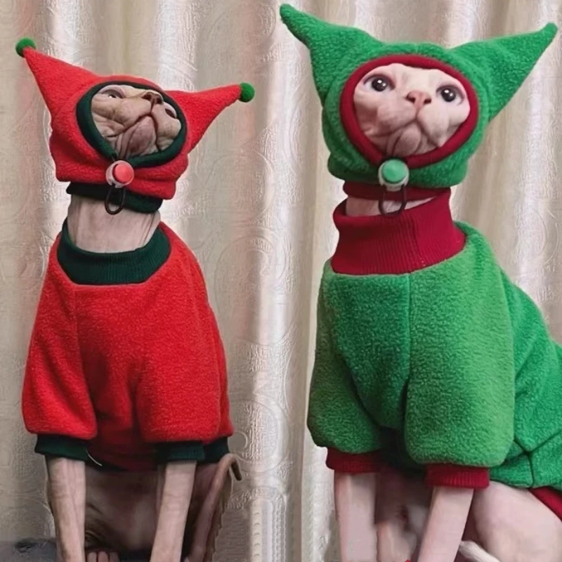 Abrigo de Navidad Sombrero Traje para Gato Invierno Cálido Manga Larga Chaqueta de forro polar para Sphynx Gato Rojo Verde Sudadera suave Suéter para perros - imagen 4