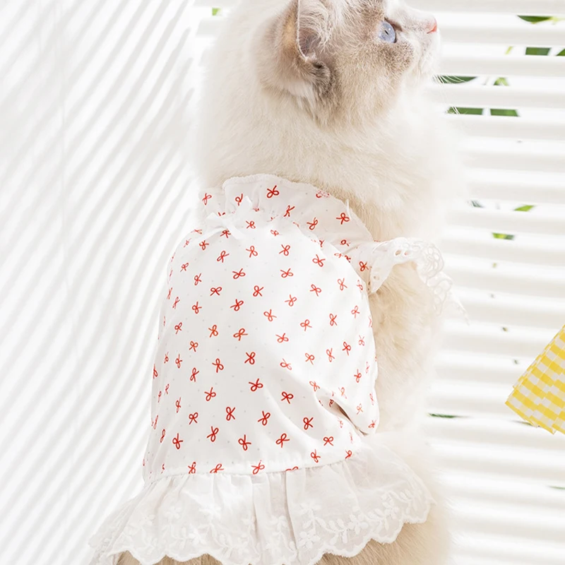 Ropa bonita para mascotas, vestido con estampado de lazo para perro, disfraz de princesa para perro de encaje, camiseta para Chihuahua, accesorios de Bichon, chaleco para cachorro y niña, falda para gato - imagen 4