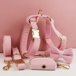 Collar y correa de pana rosa para perros con placa de identificación grabada