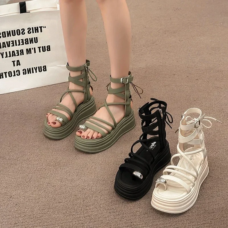 Zapatos de punta redonda para mujer, sandalias romanas de suela gruesa, botas frías huecas, novedad de 2024 - imagen 5