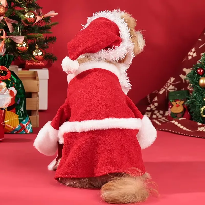 Traje cálido para mascotas para perros pequeños/medianos, disfraz navideño para perros de Papá Noel con sombrero, vestido polar con borde de felpa, - imagen 5