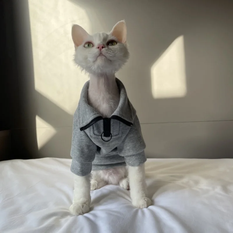 High-neck Grey Zip-up Sweatshirt for Sphinx Cat in Winter Warm Coat for Hairless Cat Autumn Spring Soft Loungewear for Devon Rex - imagen 2