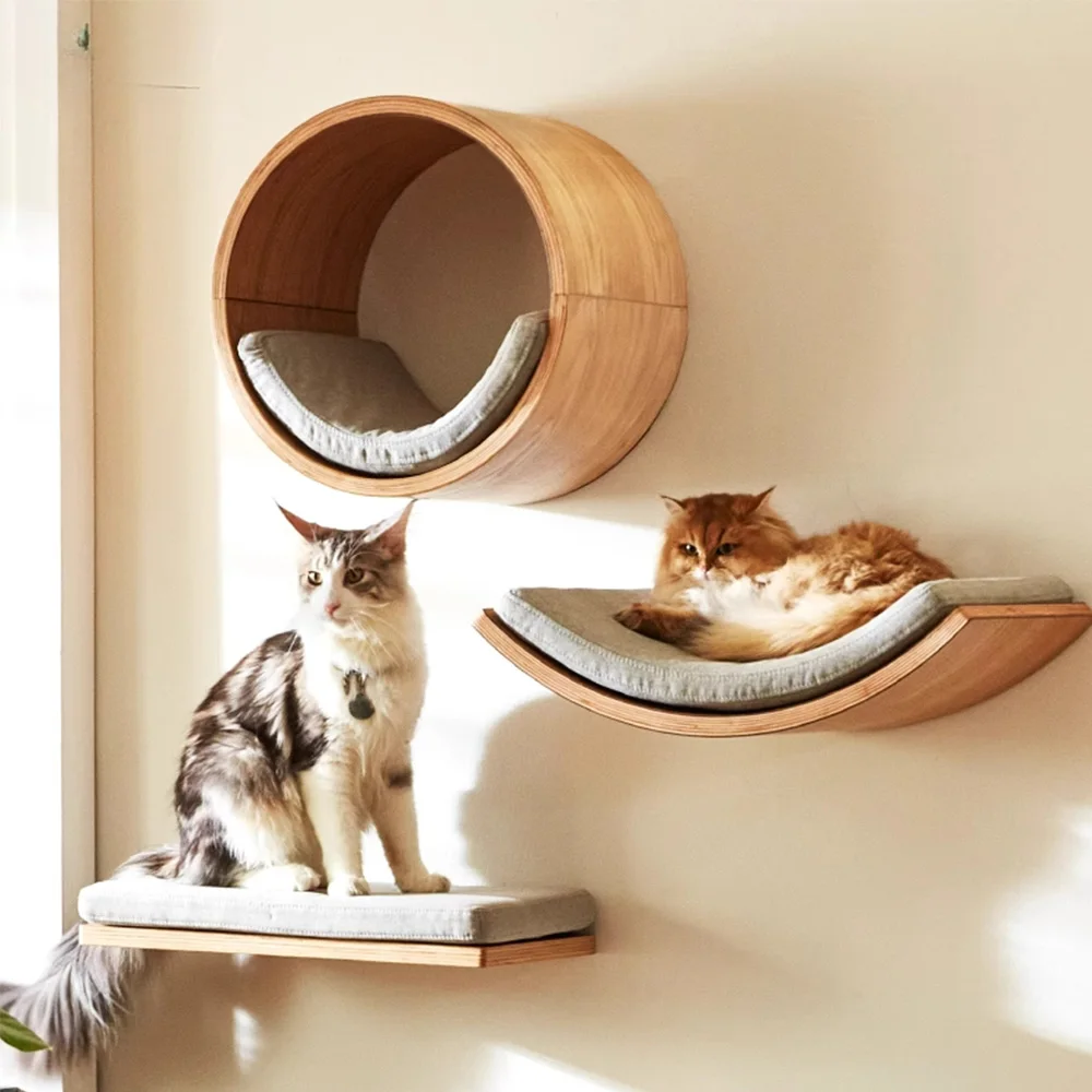 Muebles de madera montados en la pared para gatos, estantes para escalar escaleras con poste para rascar y perca para gatitos, cuidado y juego de las garras - imagen 3