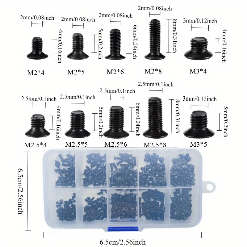 500 Pieces M2 M2.5 M3 Cross Flat Head Screws Classification Kit, Black Carbon Steel Machine Screws - imagen 3