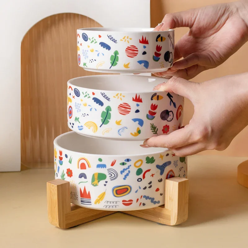 Cuenco de cerámica antideslizante para perros, cuenco para mascotas de 12-17CM de diámetro, comedero para gatos con soporte de madera, cuenco de comida para perros y gatos, suministros para perros - imagen 5