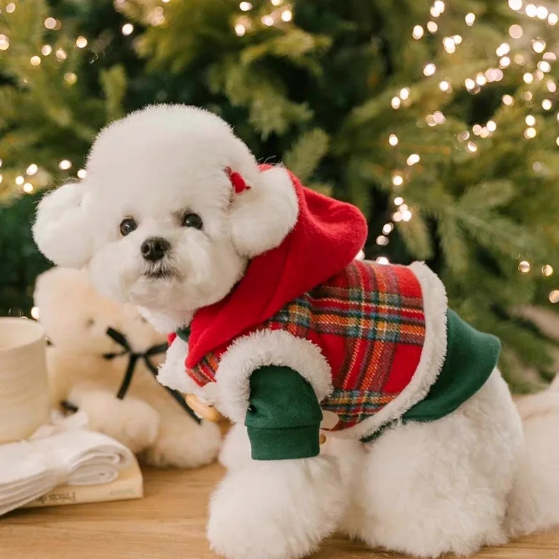 Sudadera con capucha a cuadros de Navidad para mascotas, abrigo empalmado, peluche grueso de invierno, perro pequeño, gato, perro, Año Nuevo, ropa para cachorros de Otoño/Invierno - imagen 4