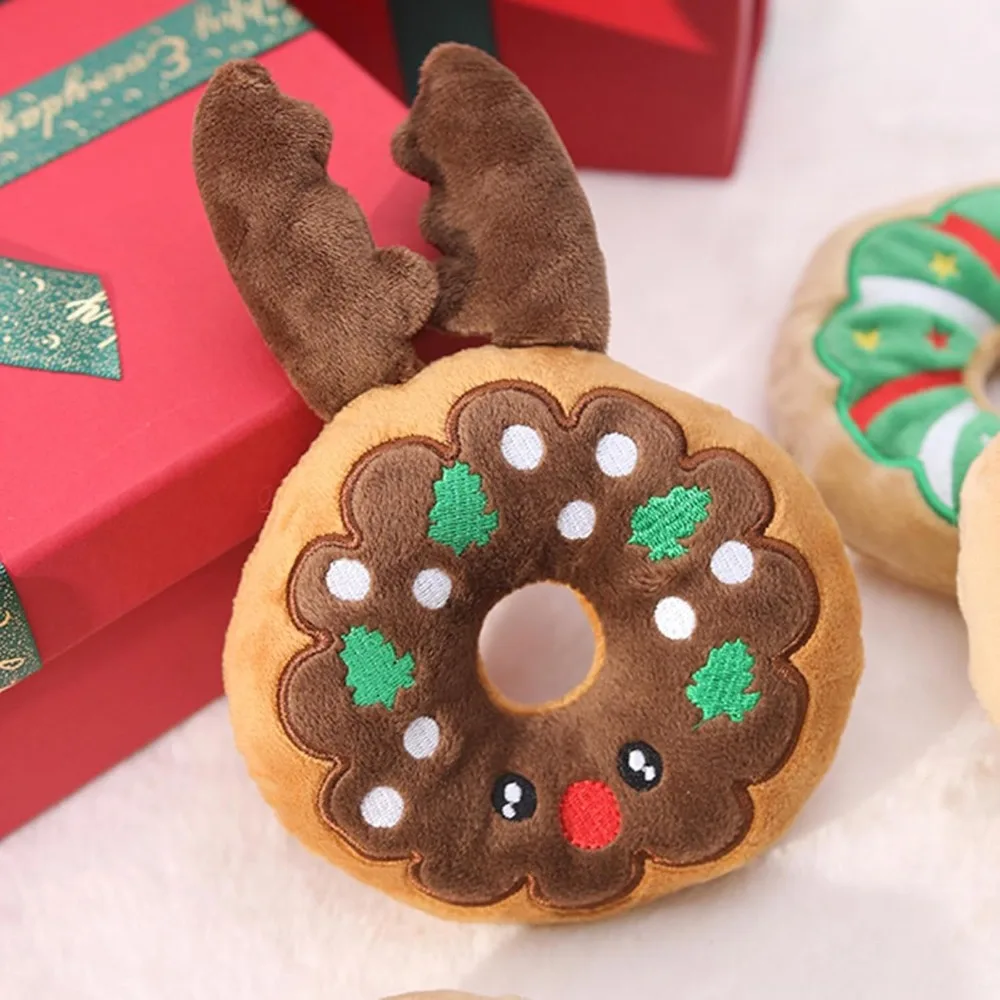 Juguetes chirriantes de peluche para perros de Navidad, juguetes para masticar Donut con chirriador, juguetes de peluche para perros medianos y pequeños, regalo interactivo de Navidad - imagen 5