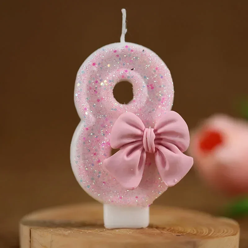Bonitos velas de pastel con números 3D de lazo rosa para decoraciones para fiesta de cumpleaños, herramientas de decoración de pasteles - imagen 5