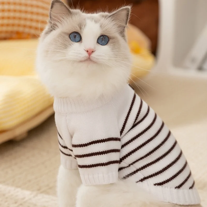 Suéter cálido de invierno para perros, ropa a rayas a la moda para perros, jerséis de punto para cachorros, suéter cálido de cuello alto para gatos, ropa para mascotas Chihuahua - imagen 4