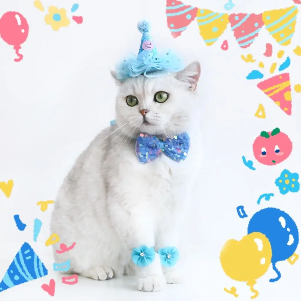 Sombrero de cumpleaños con purpurina de encaje para perros y gatos, pajarita, conjunto de fiesta de flores, accesorios para mascotas, accesorios de boda para perros pequeños - imagen 3