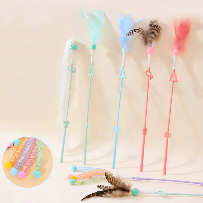 Juguete para gatos con plumas, palo interactivo para gatos, cinta de juguete con borlas, juguetes para gatos con campana, mango largo, palos de plumas para gatitos