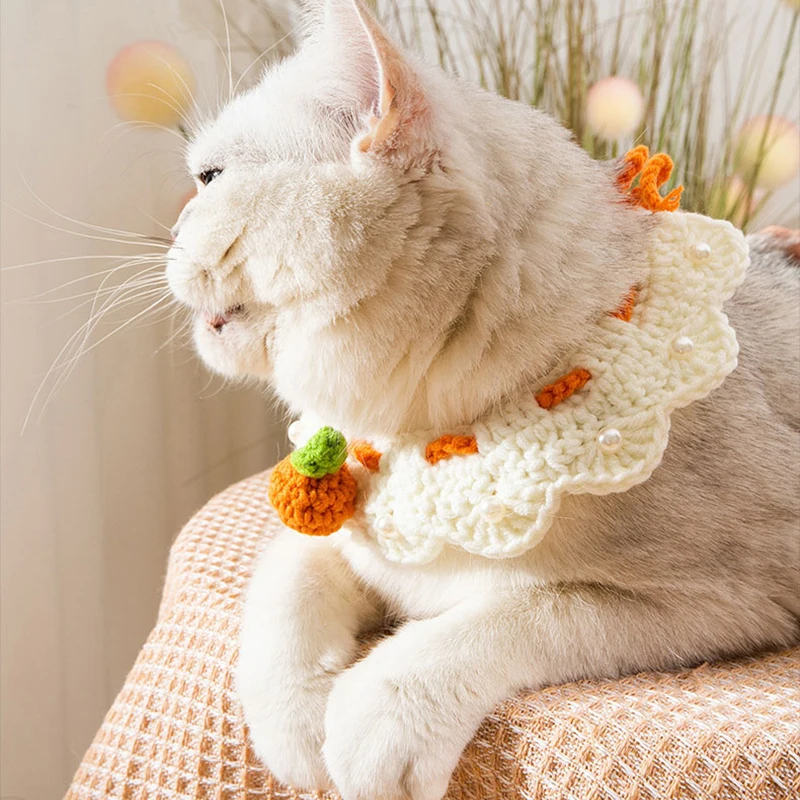 Lindo Collar de punto para Gato, Collar ajustable hecho a mano para Gatos, Perros pequeños, Collar decorativo naranja para gatitos, accesorios para gatos - imagen 4