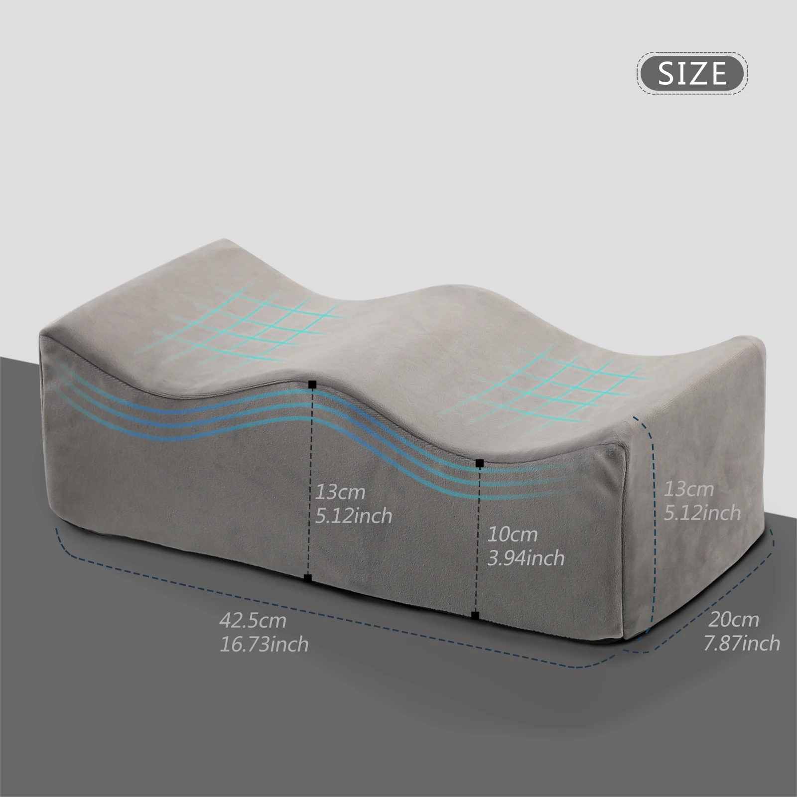 Vista frontal de la almohada ergonómica para piernas