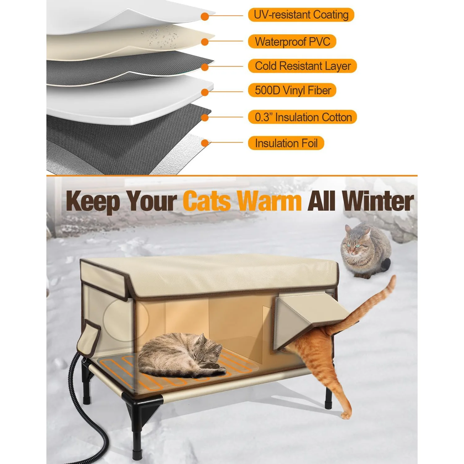 Casa para gatos al aire libre, tubo de PVC que aumenta la tela Oxford, casa impermeable para mascotas con almohadilla calefactora, nido para gatos callejeros, productos para mascotas - imagen 3