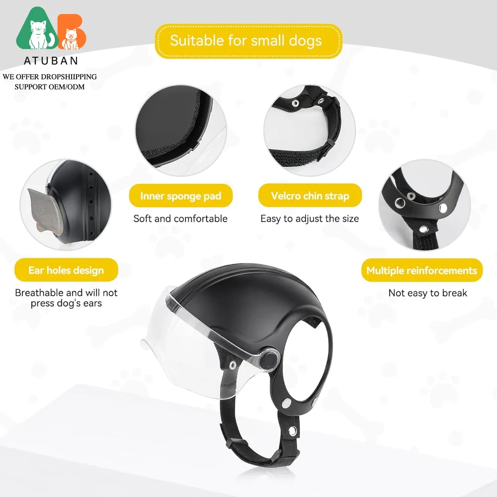 Casco para perro ATUBAN con gafas transparentes anti-UV, casco de motocicleta para perros pequeños con orificios para las orejas, casco de ciclismo desplegable, sombrero ajustable - imagen 4