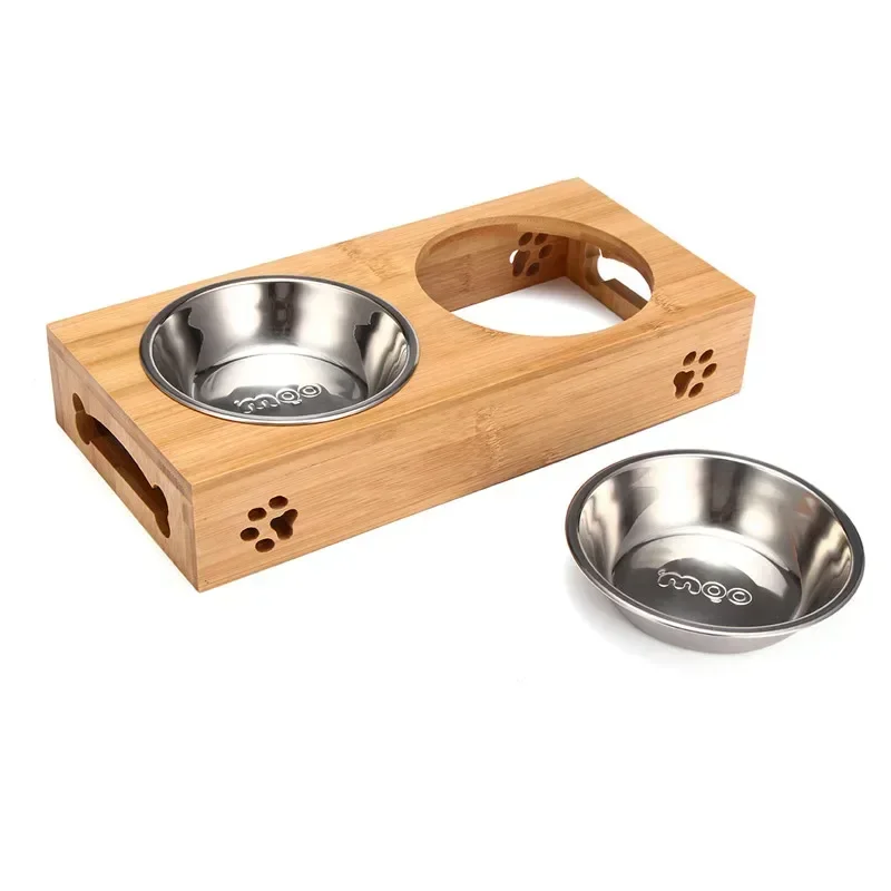 Cuenco de cerámica para perros y gatos, mesa de madera de bambú en un gatito, cuenco doble antideslizante, cuenco de comida para perros pequeños - imagen 4