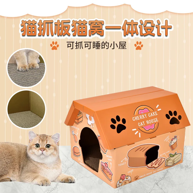 Casa de cartón para gatos 2 en 1 rascador cama cueva resistente - imagen 4