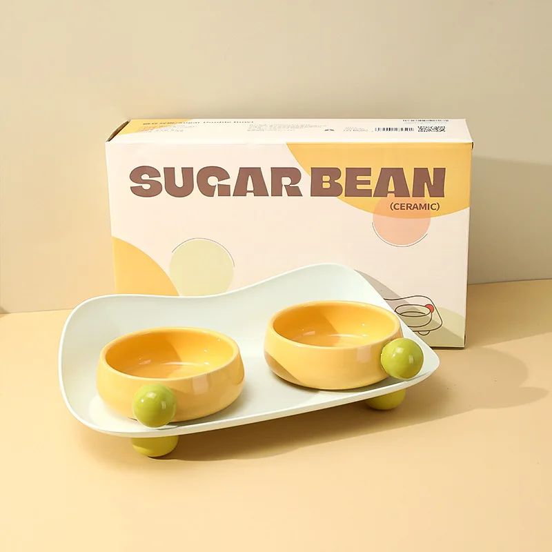 Cuenco de cerámica para gatos, cuencos para mascotas, bonito cuenco de comida, plato enlatado, juego combinado de cuencos de agua, cuenco de comida antivuelco para gatos y perros