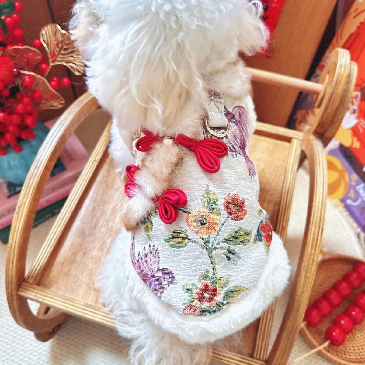Vestido con cuello de felpa para otoño/invierno para mascotas, abrigo bordado de Año Nuevo para mascotas, abrigo de Navidad de peluche, ropa para perros pequeños - imagen 5