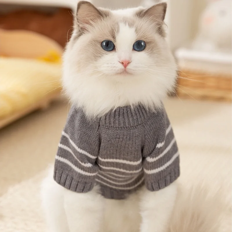 Suéter cálido de invierno para perros, ropa a rayas a la moda para perros, jerséis de punto para cachorros, suéter cálido de cuello alto para gatos, ropa para mascotas Chihuahua - imagen 3