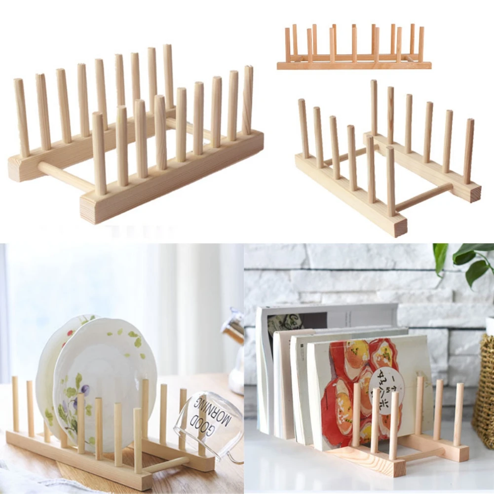 Escurridor de platos de madera de bambú, organizador de almacenamiento de cocina para platos, cuencos, tazas, estante de secado, soporte de exhibición de libros - imagen 3