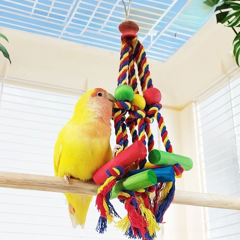 Juguete colorido para masticar loros con bloques de madera y cuerda de algodón, juguete rasgado de pájaros de madera Natural para Conure, cacatúa, jaula para periquitos - imagen 4